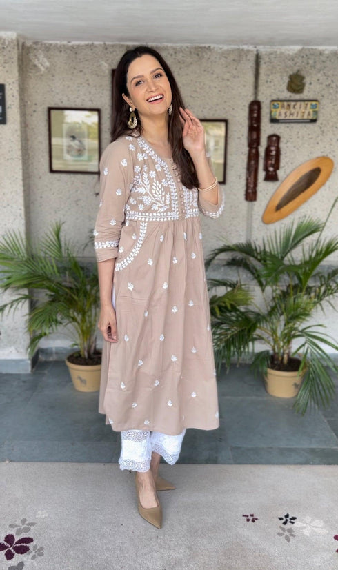 Asmita in HOK Chikankari Kurti for Women - Beige